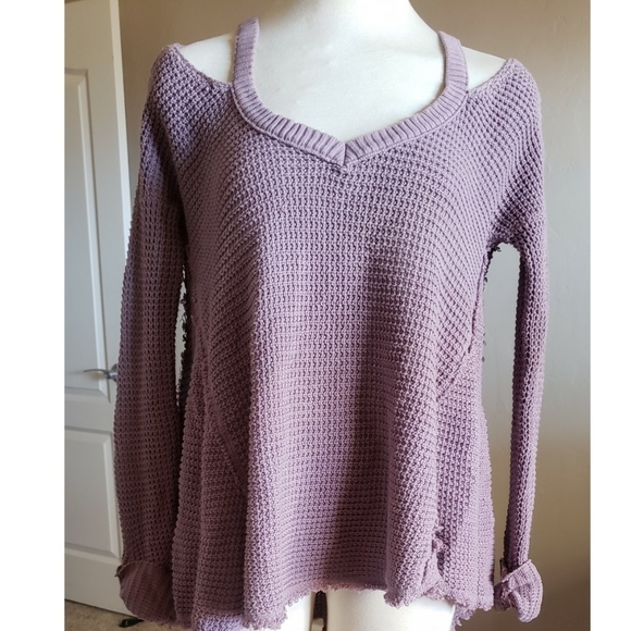 Free People Lilac Cold Shoulder Top Waffle Knit Boho Flowy Sweater XS TP Y2K - Picture 3 of 11